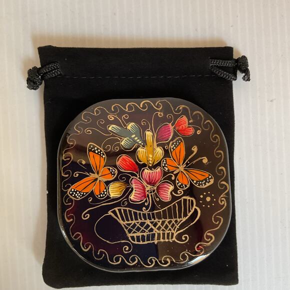 Hand-Painted Mexican Compact Mirror Monarch Butterfly Michoacán Gold Foil Art - Picture 5 of 7